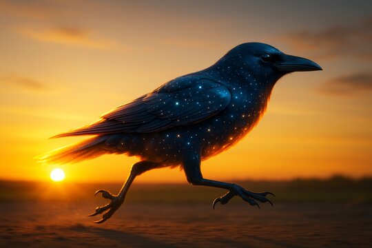 Mystical blackbird with starry feather pattern walking during golden sunset on open field background, glowing with warm light and surreal concept. Ai generative