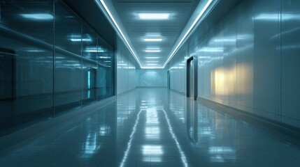 Fototapeta premium A sleek, modern hallway with bright lighting and reflective surfaces, creating a futuristic and clean atmosphere.