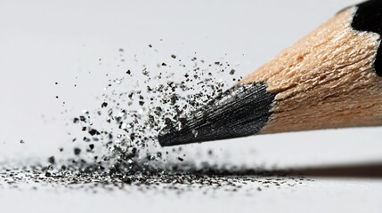 Close-up of a pencil tip, graphite particles dusting on white surface