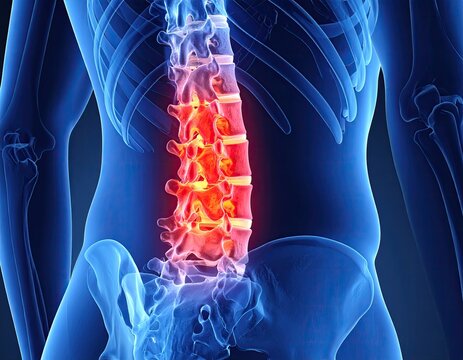 Spine pain, translucent body, red area highlights back issues