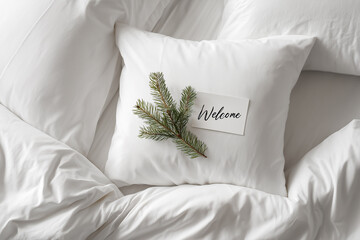 Top view of a white pillow on a bed decorated with a fir branch and a card with the inscription "Welcome"
