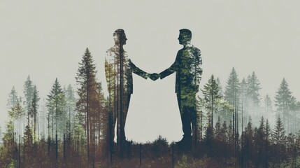 A symbolic representation of connection and collaboration between two individuals surrounded by nature.