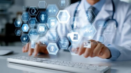 Healthcare professional engages with digital management system technology in a clinical setting to enhance patient care and data analysis - Powered by Adobe