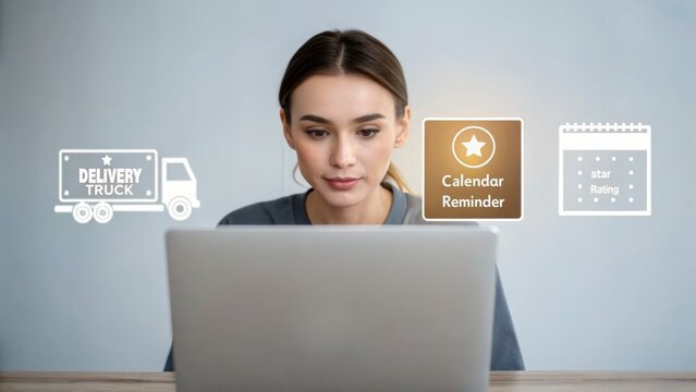 Personalized Customer Service Woman using a laptop with delivery and calendar reminders displayed on the screen.