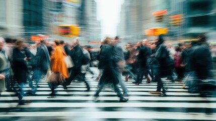 A vibrant city scene with blurred figures crossing a busy intersection, capturing urban life in motion.