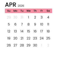 April Monthly Calender Template for 2026