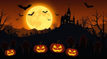 Spooky halloween night with jack o lanterns and haunted castle under a full moon