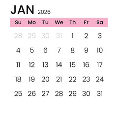 January Monthly Calender Template for 2026