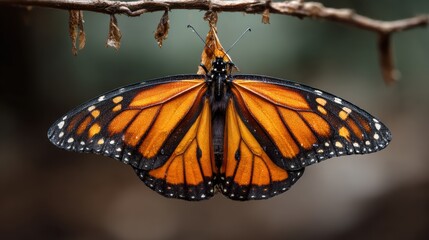 Fototapeta premium A vibrant monarch butterfly perched gracefully on a branch, showcasing its stunning orange and black wings.