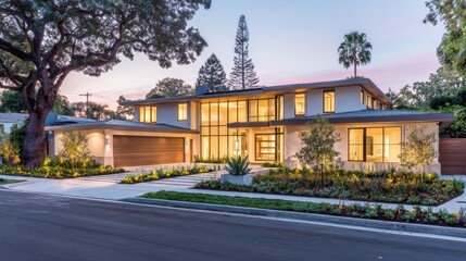 Modern residential home at twilight with lush landscaping and serene street view in a suburban neighborhood