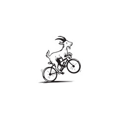 Black and White Goat Riding a Bike Illustration in Simple Vector Line Art Minimalist Style Design