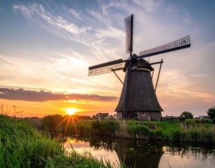 Windmill by canal under sunset sky