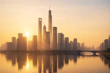 Fototapeta premium Modern city skyline with tall skyscrapers and river reflection at sunrise in warm golden light and soft atmospheric background haze. Ai generative