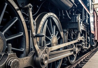 Close up of locomotive control wheels with bolts and metal surfaces, hyper detailed grease textures and industrial engineering components in railway environment