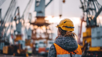 A worker observes cranes and containers at a bustling port during sunset, showcasing industrial activity and safety.