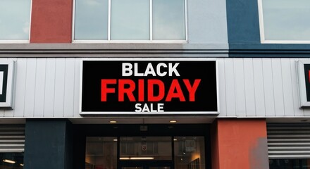 Black Friday Sale sign on storefront with colorful architectural details