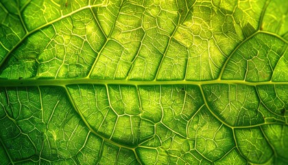 Abstract Close Up of a Vibrant Green Leaf Veins and Texture Backlit by Sunlight Creating a Detailed Natural Pattern Macro Photography