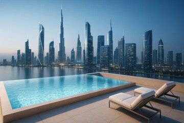 Obraz premium Futuristic skyline of modern skyscrapers at dusk seen from luxury rooftop pool with lounge chairs overlooking water in illuminated cityscape concept. Ai generative