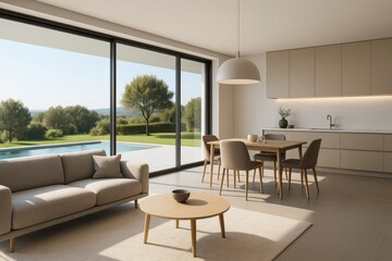 Fototapeta premium Modern open-plan interior with minimalist furniture and large glass doors overlooking a garden and pool in natural daylight setting. Ai generative
