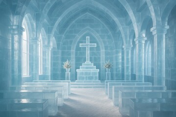 Interior view of an ice church with gothic arches, icy pews, and altar in blue tones under soft light. Creative architectural concept. Ai generative