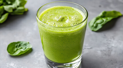 Fototapeta premium Fresh green juice in glass, vibrant and healthy, surrounded by spinach leaves
