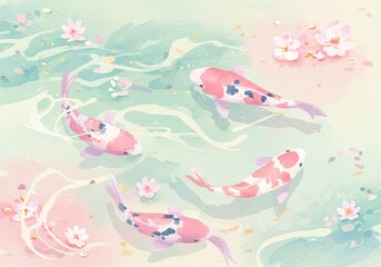 Fototapeta premium Koi Fish Swimming in a Serene Pond with Cherry Blossoms.