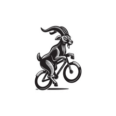 Black and White Goat Riding a Bike Illustration in Simple Vector Line Art Minimalist Style Design