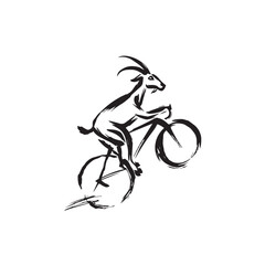 Black and White Goat Riding a Bike Illustration in Simple Vector Line Art Minimalist Style Design