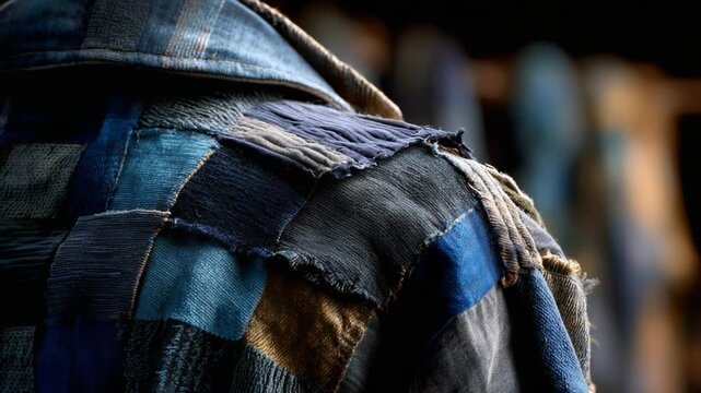 An Intricate Close-Up on a Worn Patchwork Textile Jacket Showcasing the Beauty of Stitching and Fabric in Rich Blues and Earthy Tones Under Soft Lighting