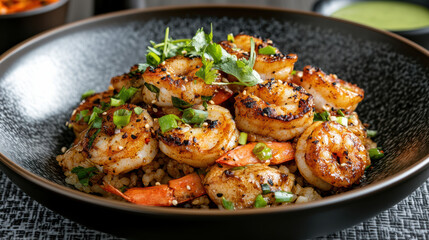 Fototapeta premium Grilled shrimp dish with Asian spices, garnished with herbs and vegetables, looks delicious