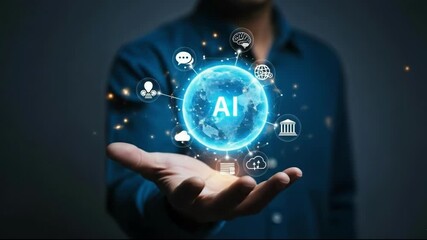 Artificial intelligence concept with glowing globe and icons representing various industries and services held in a persons hand - Powered by Adobe