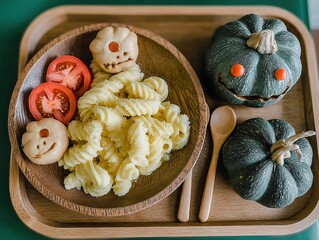 Hyper-Realistic Kids' Playroom-Style Food: Mac & Cheese, Tomato with Eyes, Smiling Wooden Utensils, Acorn Melon Monster Carvings (Side Fruits) Green Background Stock