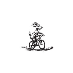 Black and White Goat Riding a Bike Illustration in Simple Vector Line Art Minimalist Style Design