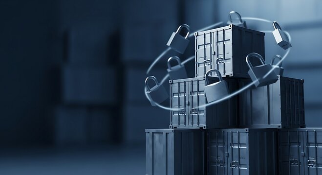 Secure Supply Chain Management Concept with Cargo Containers and Digital Padlocks. Global Logistics, Freight Security, and Blockchain Technology for Transportation.