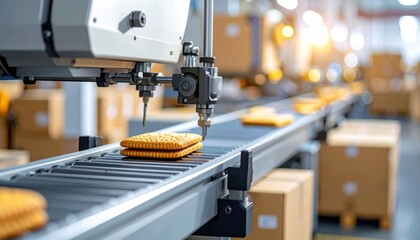 Robotic arm filling biscuits on conveyor belt