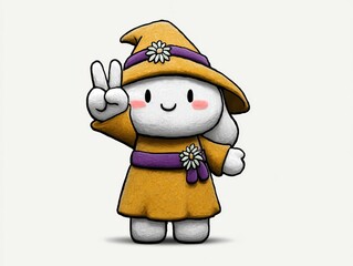 Thick-Line Clipart Sticker Style: Cute Halloween Ghost with Witch Hat & Yellow Cape, Purple Ribbon Scarf (Victory Pose) White Background No Shadow Stock