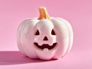 Halloween Concept: White Ceramic Pumpkin with Carved Smile on Pink Background – For Festive Decor/Poster Design/Creative Scene Minimalist Commercial Stock