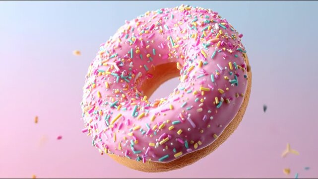 A close-up shot presents a levitating pink-frosted doughnut, decorated with colorful sprinkles. Sprinkles also float around