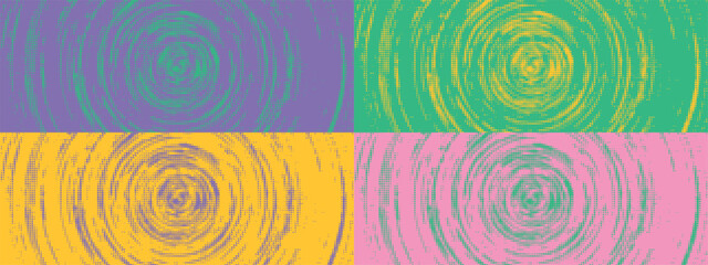 Four abstract colored comic retro dotted backgrounds, banner with dots. Сircles on water from drop. Abstract halftone textured. Grunge groovy texture for music festival. Vector EPS10