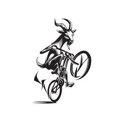 Black and White Goat Riding a Bike Illustration in Simple Vector Line Art Minimalist Style Design