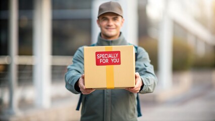 Personalized Customer Service A delivery person smiles while holding a package labeled "Specially for You," set in an outdoor environment.