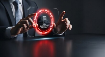 Businessman analyzing compromised endpoint alert. Cybersecurity concept with red warning icon for hacked server, data breach, and network security threat.