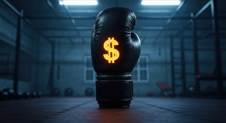 Boxing glove with a glowing dollar symbol in a gym setting