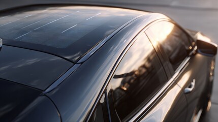 Close-up view of a sleek black car roof reflecting sunlight during sunset, showcasing modern automotive design.