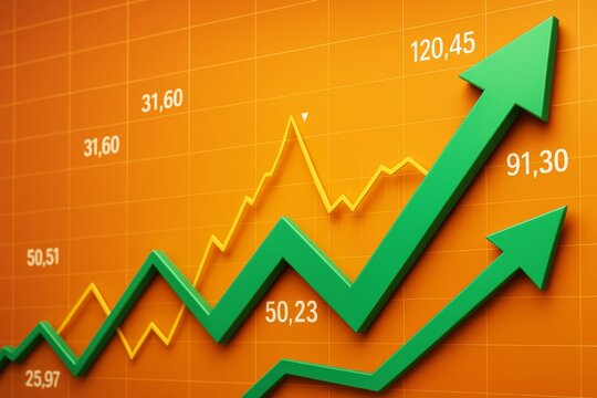 Business growth chart with green arrows and yellow line graph on orange background showing financial increase and market performance. Ai generative.