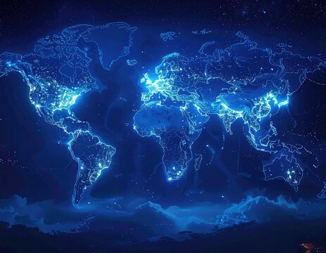 World map glowing blue lights, detailed continents - Powered by Adobe