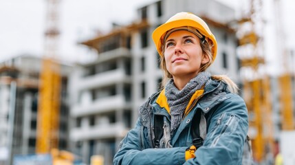 Confident female construction worker overseeing a building project, embodying strength and professionalism.