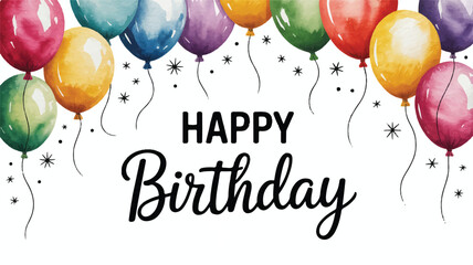 A watercolor-style birthday greeting card design with colorful balloons arranged in a border across the top.  
