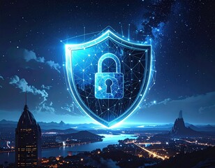 Glowing shield with lock over a futuristic city