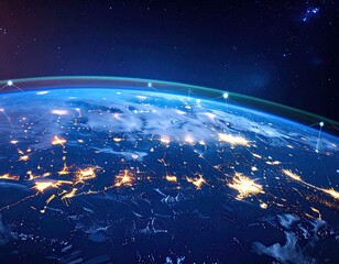 Obraz premium Earth view from space, city lights glow, network line overlay